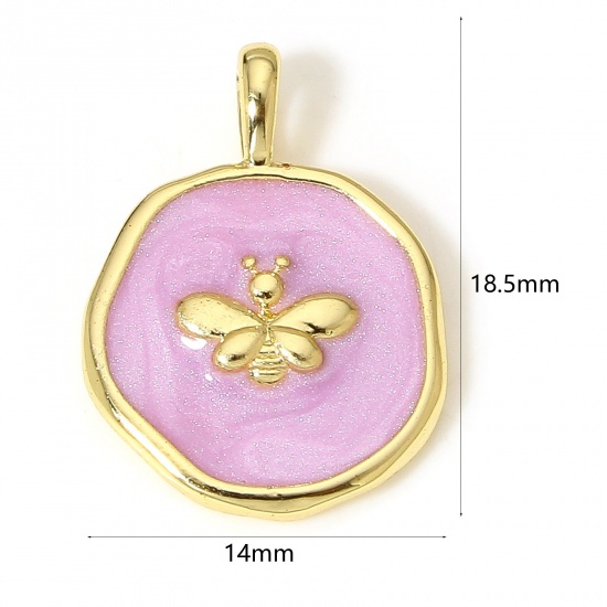 Picture of 1 Piece Brass Insect Charms 18K Real Gold Plated Mauve Irregular Bee Enamel 18.5mm x 14mm