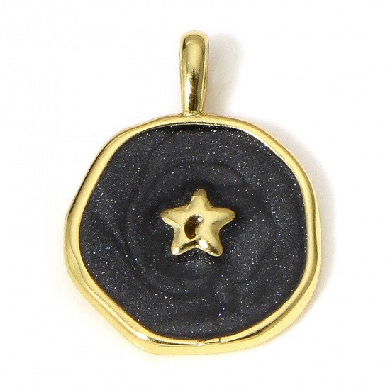 Picture of 1 Piece Brass Galaxy Charms 18K Real Gold Plated Black Irregular Pentagram Star Enamel 18.5mm x 14mm