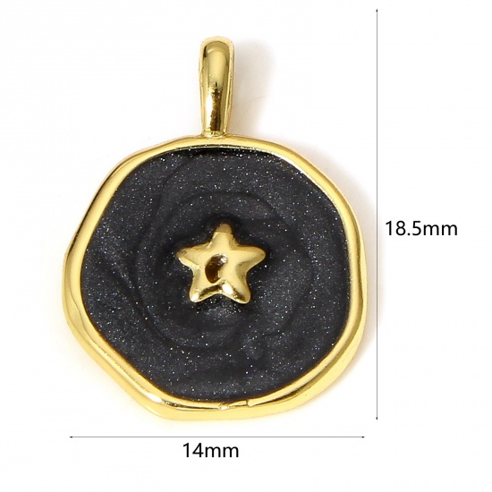 Picture of 1 Piece Brass Galaxy Charms 18K Real Gold Plated Black Irregular Pentagram Star Enamel 18.5mm x 14mm