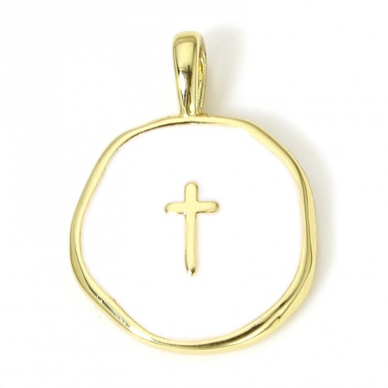 Picture of 1 Piece Brass Religious Charms 18K Real Gold Plated White Irregular Cross Enamel 18.5mm x 14mm