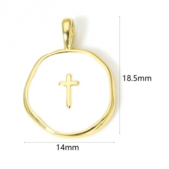 Picture of 1 Piece Brass Religious Charms 18K Real Gold Plated White Irregular Cross Enamel 18.5mm x 14mm