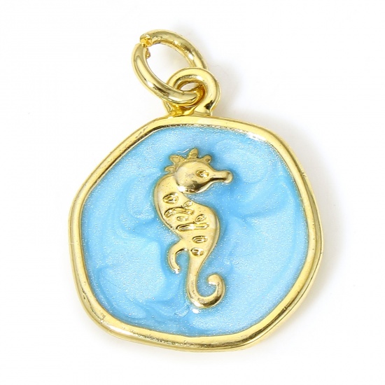 Picture of 1 Piece Brass Ocean Jewelry Charms 18K Real Gold Plated Blue Irregular Seahorse Enamel 20mm x 15mm
