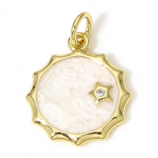 Picture of 1 Piece Brass Galaxy Charms 18K Real Gold Plated White Sun Star Enamel 20mm x 14.5mm