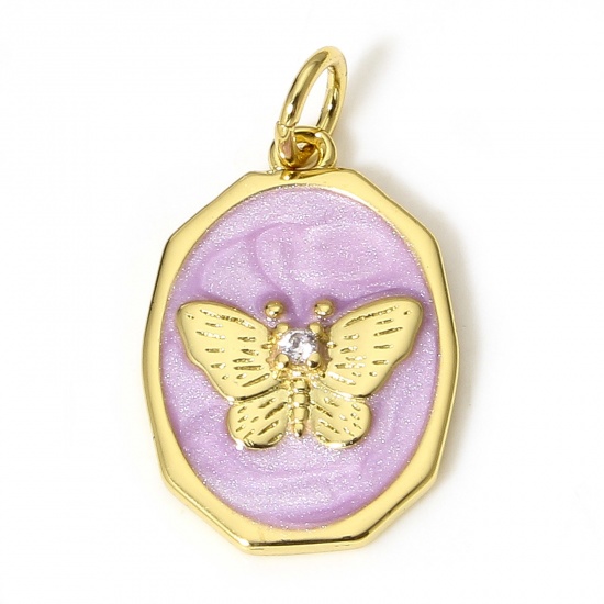 Picture of 1 Piece Brass Insect Charms 18K Real Gold Plated Mauve Oval Butterfly Enamel 21mm x 12mm