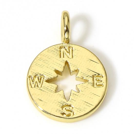 Picture of 1 Piece Brass Travel Charms 18K Real Gold Plated Round Compass 17mm x 12mm