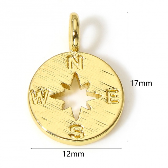 Picture of 1 Piece Brass Travel Charms 18K Real Gold Plated Round Compass 17mm x 12mm