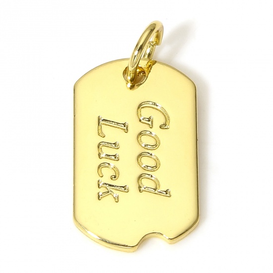Picture of 1 Piece Brass Positive Quotes Energy Charms 18K Real Gold Plated Rectangle Message " GOOD LUCK " 19mm x 9mm