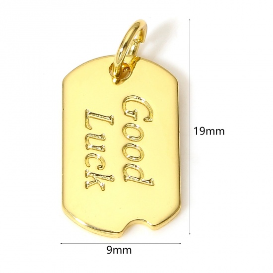 Picture of 1 Piece Brass Positive Quotes Energy Charms 18K Real Gold Plated Rectangle Message " GOOD LUCK " 19mm x 9mm