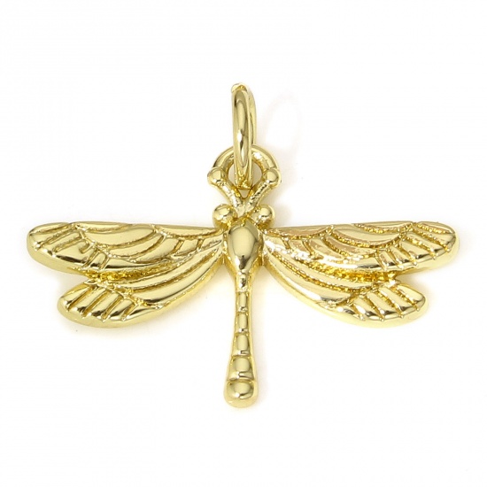 Picture of 1 Piece Brass Insect Charms 18K Real Gold Plated Dragonfly Animal 20mm x 17mm