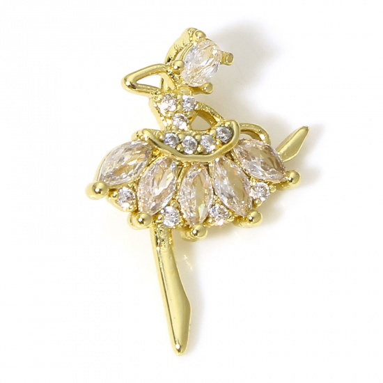 Picture of 1 Piece Brass Micro Pave Charms 18K Real Gold Plated Ballerina Clear Cubic Zirconia 19mm x 13mm