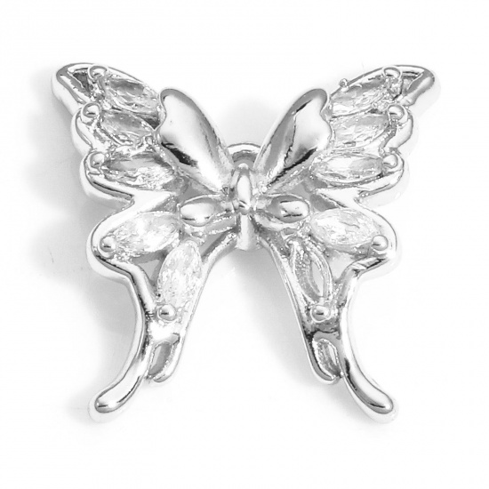 Picture of 2 PCs Brass Insect Charms Real Platinum Plated Butterfly Animal Clear Cubic Zirconia 16mm x 16mm