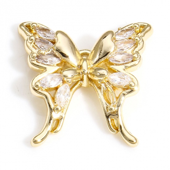 Picture of 2 PCs Brass Insect Charms 18K Real Gold Plated Butterfly Animal Clear Cubic Zirconia 16mm x 16mm