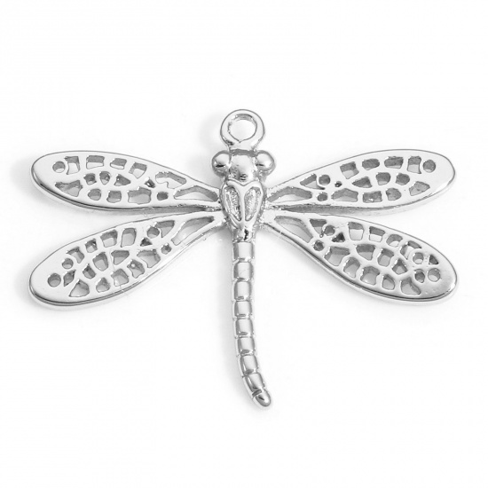 Picture of 2 PCs Brass Insect Charms Real Platinum Plated Dragonfly Animal Hollow 22mm x 16mm
