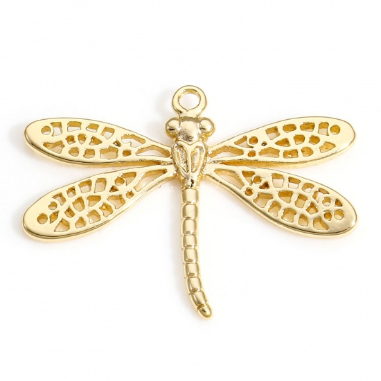 Picture of 2 PCs Brass Insect Charms 18K Real Gold Plated Dragonfly Animal Hollow 22mm x 16mm