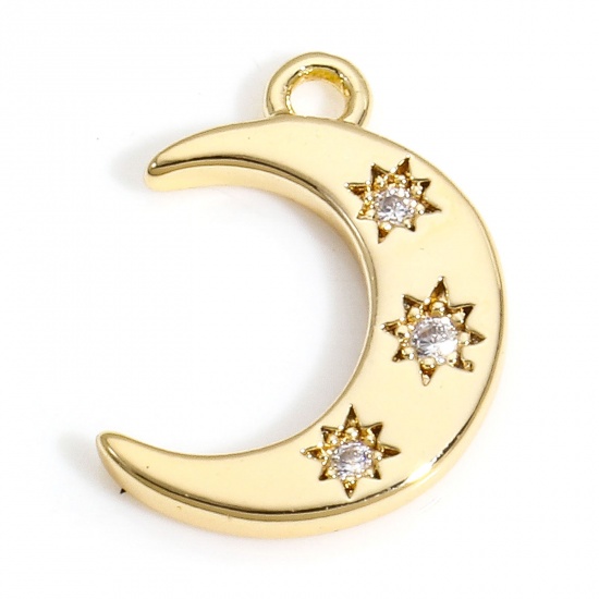 Picture of 2 PCs Brass Galaxy Charms 18K Real Gold Plated Half Moon Clear Cubic Zirconia 14mm x 10mm