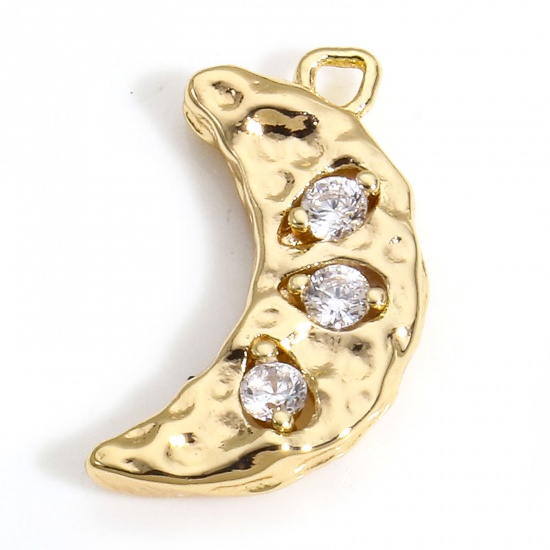 Picture of 2 PCs Brass Galaxy Charms 18K Real Gold Plated Half Moon Clear Cubic Zirconia 16mm x 9mm