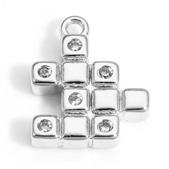 Imagen de 2 Unidades Latón Colgantes Charms Cubo de Rubik/Cubo Mágico Platino Real Chapado Claro Circón Artificial 12mm x 10mm