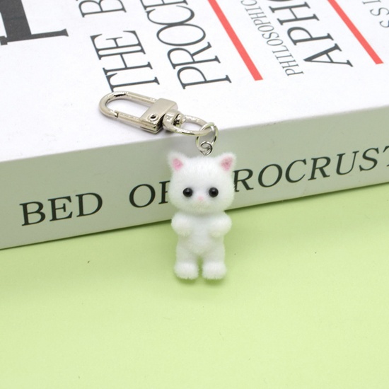 Picture of 1 Piece Resin Cute Keychain & Keyring Silver Tone White Cat Animal 6.6cm
