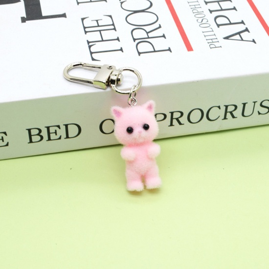 Picture of 1 Piece Resin Cute Keychain & Keyring Silver Tone Pink Cat Animal 6.6cm