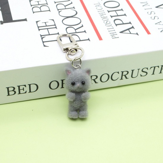 Picture of 1 Piece Resin Cute Keychain & Keyring Silver Tone Gray Cat Animal 6.6cm