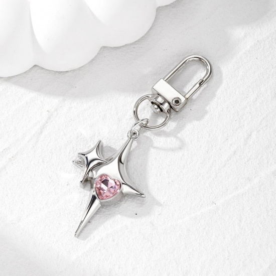 Bild von 1 Piece Galaxy Keychain & Keyring Silver Tone Cross Star Pink Rhinestone 7.9cm x 2.8cm