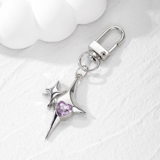 Bild von 1 Piece Galaxy Keychain & Keyring Silver Tone Cross Star Purple Rhinestone 7.9cm x 2.8cm