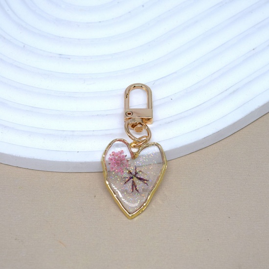 Изображение 1 Piece Resin Handmade Resin Jewelry Real Flower Keychain & Keyring Gold Plated Pink Heart Flower 6.5cm