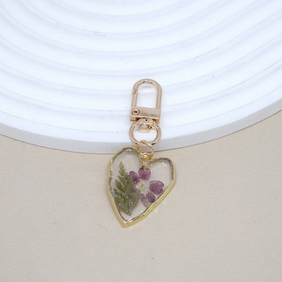 Изображение 1 Piece Resin Handmade Resin Jewelry Real Flower Keychain & Keyring Gold Plated Hot Pink Heart Flower 6.5cm