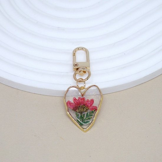 Изображение 1 Piece Resin Handmade Resin Jewelry Real Flower Keychain & Keyring Gold Plated Red Heart Flower 6.5cm