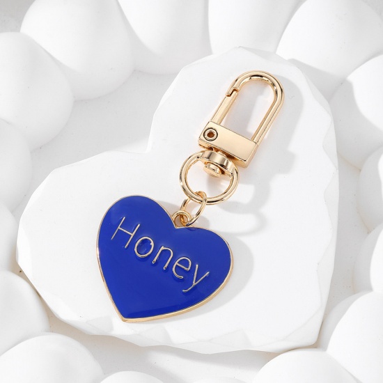 1 Piece Valentine's Day Keychain & Keyring Gold Plated Royal Blue Heart Message " Honey " Enamel 7.2cm x 3cm の画像