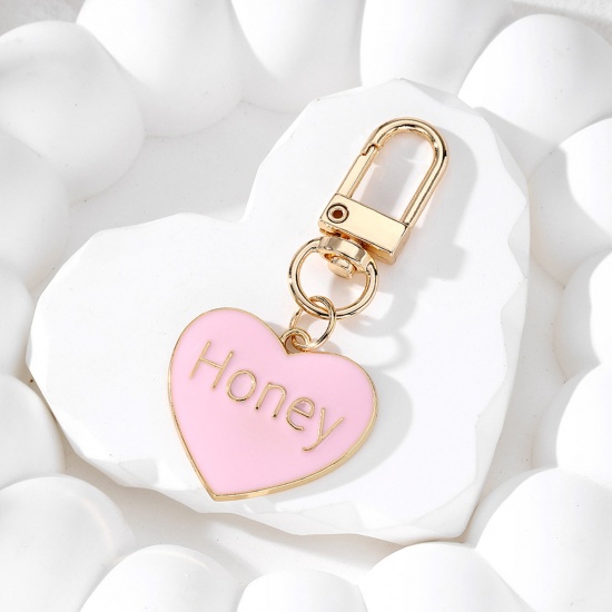 1 Piece Valentine's Day Keychain & Keyring Gold Plated Pink Heart Message " Honey " Enamel 7.2cm x 3cm の画像