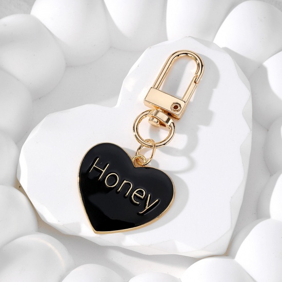 Bild von 1 Piece Valentine's Day Keychain & Keyring Gold Plated Black Heart Message " Honey " Enamel 7.2cm x 3cm