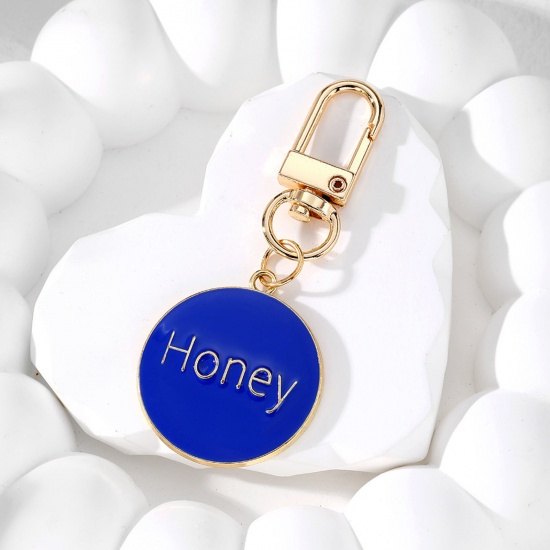 Bild von 1 Piece Valentine's Day Keychain & Keyring Gold Plated Royal Blue Round Message " Honey " Enamel 7.2cm x 3cm