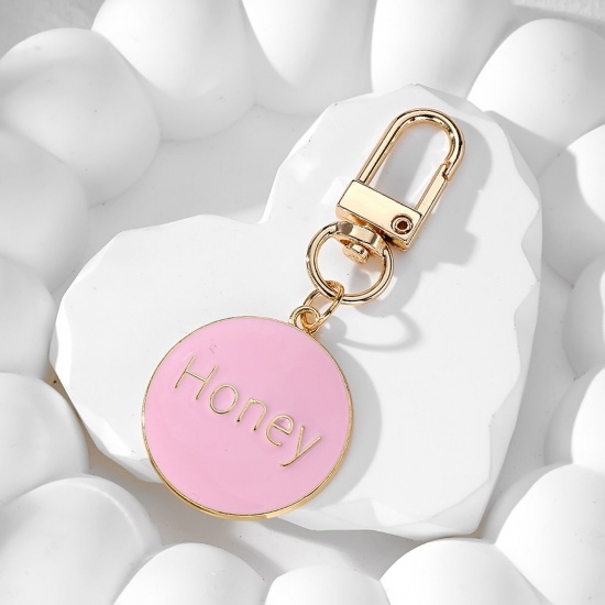 Bild von 1 Piece Valentine's Day Keychain & Keyring Gold Plated Pink Round Message " Honey " Enamel 7.2cm x 3cm