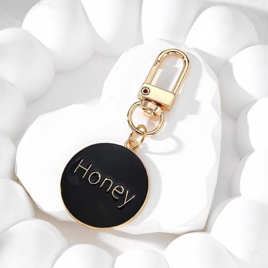 Bild von 1 Piece Valentine's Day Keychain & Keyring Gold Plated Black Round Message " Honey " Enamel 7.2cm x 3cm