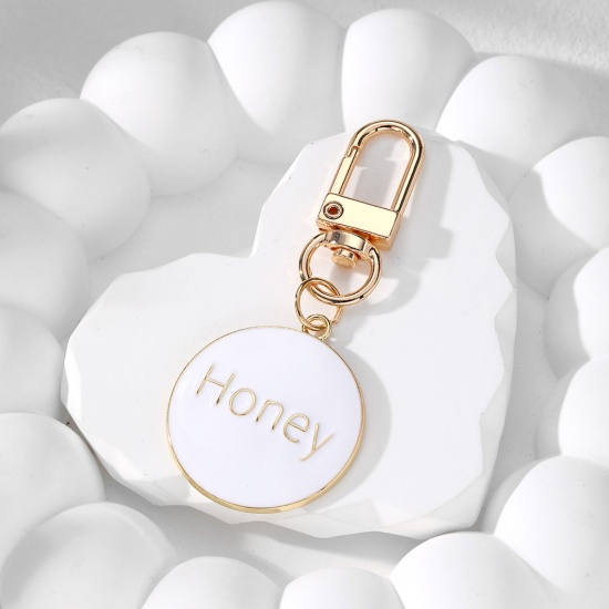 Bild von 1 Piece Valentine's Day Keychain & Keyring Gold Plated White Round Message " Honey " Enamel 7.2cm x 3cm
