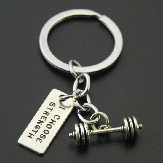 Изображение 1 Piece Sport Keychain & Keyring Antique Silver Color Dumbbell Message " I Choose Strength " 8cm