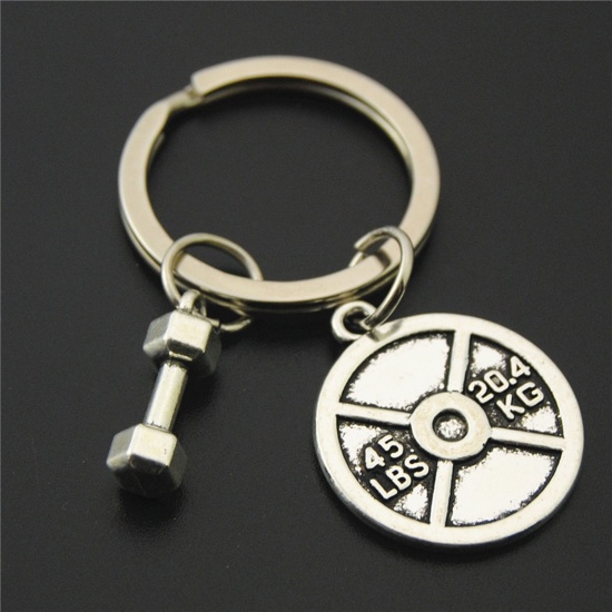 1 Piece Sport Keychain & Keyring Antique Silver Color Dumbbell 8cm の画像