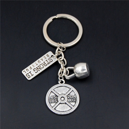 1 Piece Sport Keychain & Keyring Antique Silver Color Round Message " Strong Is Beautiful " 8cm の画像