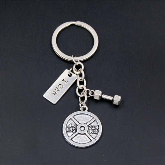 1 Piece Sport Keychain & Keyring Antique Silver Color Dumbbell Message " I Can " 8cm の画像