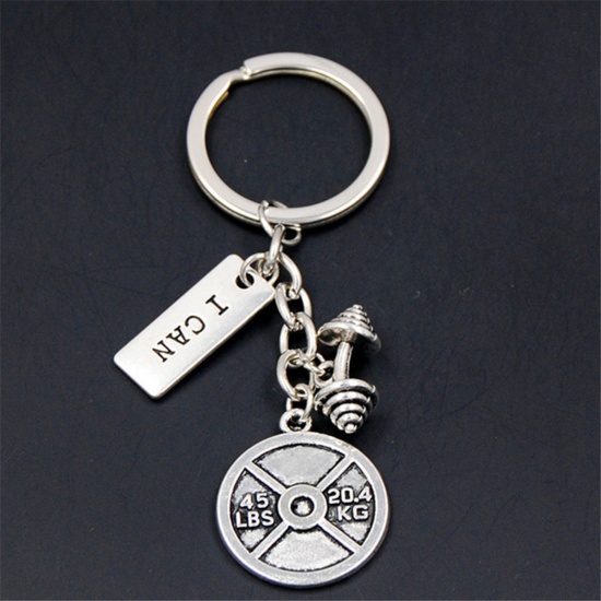 1 Piece Sport Keychain & Keyring Antique Silver Color Dumbbell Message " I Can " 8cm の画像