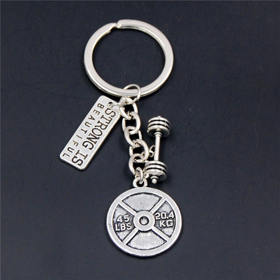 1 Piece Sport Keychain & Keyring Antique Silver Color Dumbbell Message " Strong Is Beautiful " 8cm の画像