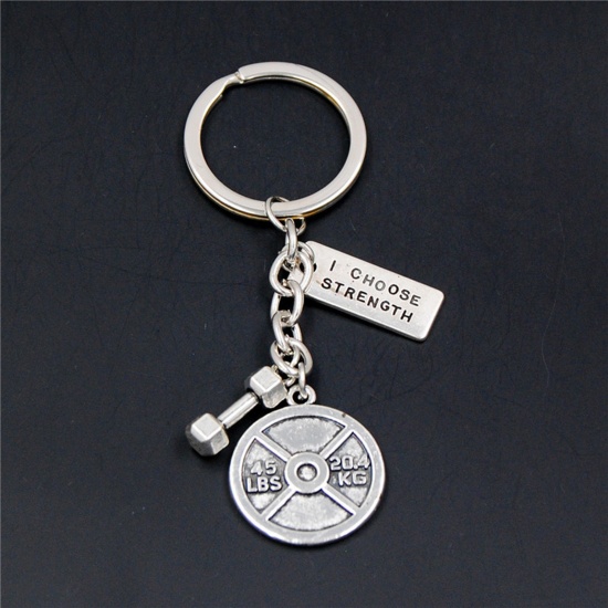 Изображение 1 Piece Sport Keychain & Keyring Antique Silver Color Dumbbell Message " I Choose Strength " 8cm