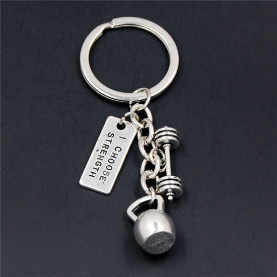 1 Piece Sport Keychain & Keyring Antique Silver Color Dumbbell Message " I Choose Strength " 8cm の画像