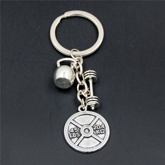 1 Piece Sport Keychain & Keyring Antique Silver Color Dumbbell Round 8cm の画像