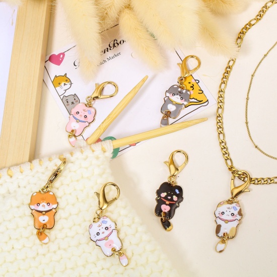 Picture of 1 Set ( 6 PCs/Set) Zinc Based Alloy & Iron Based Alloy Knitting Stitch Markers Cat Animal Gold Plated Multicolor With Lobster Claw Clasp 5.4cm x 1.6cm