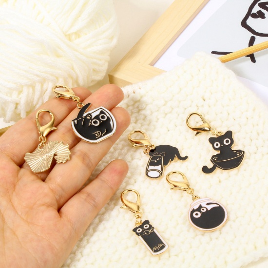 Picture of 1 Set ( 6 PCs/Set) Zinc Based Alloy & Iron Based Alloy Knitting Stitch Markers Cat Animal Gold Plated Black With Lobster Claw Clasp 4.8x2.6cm - 3.8x2.6cm