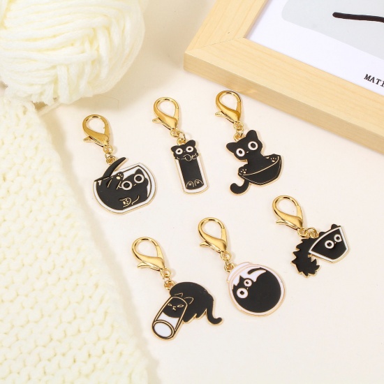 Picture of 1 Set ( 6 PCs/Set) Zinc Based Alloy & Iron Based Alloy Knitting Stitch Markers Cat Animal Gold Plated Black With Lobster Claw Clasp 4.8x2.6cm - 3.8x2.6cm