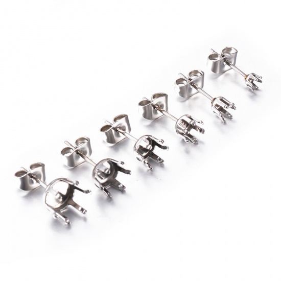 Picture of 20 PCs 304 Stainless Steel Ear Post Stud Earring For DIY Jewelry Making Accessories Silver Tone Cabochon Settings (Fits 2mm Dia.) 3mm Dia., Post/ Wire Size: (21 gauge)