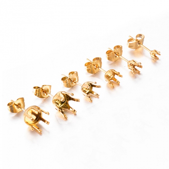 Picture of 10 PCs 304 Stainless Steel Ear Post Stud Earring For DIY Jewelry Making Accessories Gold Plated Cabochon Settings (Fits 2mm Dia.) 3mm Dia., Post/ Wire Size: (21 gauge)